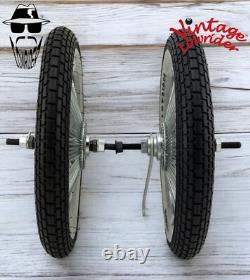 12 CHROME 144 SPOKE BICYCLE WHEEL SET 14G With LOWRIDER RASIED LETTER BRICK TIRES