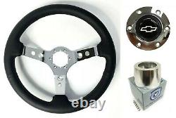 14 Chrome 3 Spoke Steering Wheel, White Bowtie Horn, 1974-1994 Chevy Truck