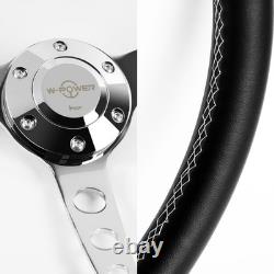 15 Inch 380mm Steering Wheel 6 Bolt Black Leather White Stitch Chrome