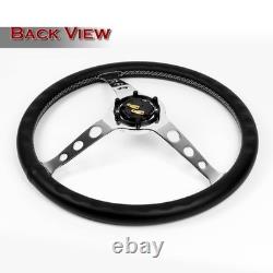 15 Inch 380mm Steering Wheel 6 Bolt Black Leather White Stitch Chrome