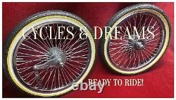 16 CHROME PLATTED LOWRIDER RIMS 52 SPOKES WithWHITE WALL YELLOW LINE BRICK TIRES