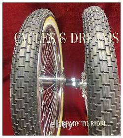 16 CHROME PLATTED LOWRIDER RIMS 52 SPOKES WithWHITE WALL YELLOW LINE BRICK TIRES