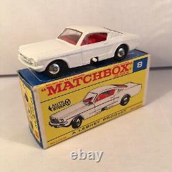 1960s. Matchbox Lesney. 8, Ford Mustang. White, Chrome wheels. Mint in F Type Box