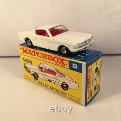 1960s. Matchbox Lesney. 8, Ford Mustang. White, Chrome wheels. Mint in F Type Box