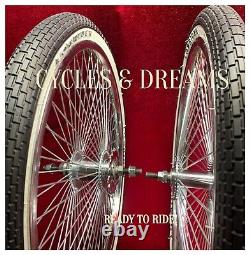 20 CHROME PLATTED LOWRIDER RIMS SET 72 SPOKES With WHITE WALL BRICK LOWRIDER TIRE