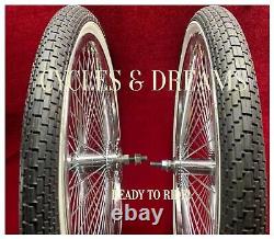 20 CHROME PLATTED LOWRIDER RIMS SET 72 SPOKES With WHITE WALL BRICK TIRES