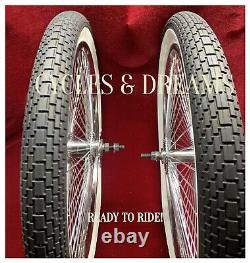 20 CHROME PLATTED LOWRIDER RIMS SET 72 SPOKES With WHITE WALL BRICK WIDE TIRES