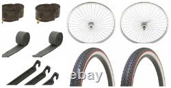 26 Chrome 144 Spoke Front and Coaster Wheel & two Tire Black/White Red Line