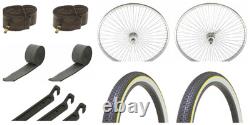 26 Chrome 144 Spoke Front and Coaster Wheel & two Tire Black/White Yellow Line