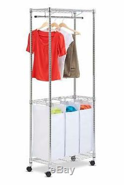 3 Bags Rolling Laundry Triple Sorter Adjustable Clothes Hanging Racks Chrome NEW