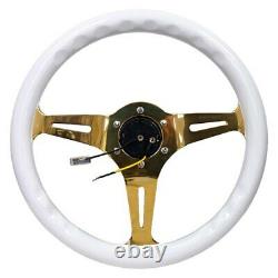 3-Spoke Classic White Wood Grain Steering Wheel w Gold Chrome Spokes