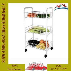 3 Tier Fruit Vegetable Rack Storage Stand With Wheels Cart White Trolley Kitchen