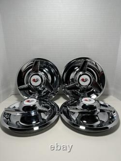 (4) 3 Bar Fluted Spinners Center Caps For Chevy Rally Wheels 7, White Flags Logo