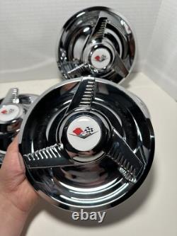 (4) 3 Bar Fluted Spinners Center Caps For Chevy Rally Wheels 7, White Flags Logo