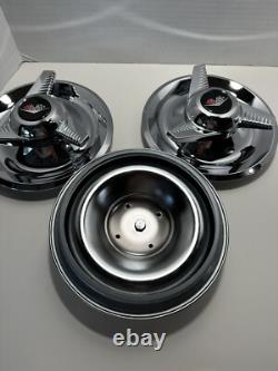 (4) 3 Bar Fluted Spinners Center Caps For Chevy Rally Wheels 7, White Flags Logo