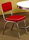 (4) Red And White Vinyl Upholstered Retro Styled Chrome Plated Dining Chair