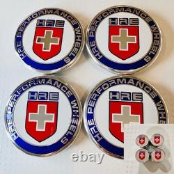 4pc OEM HRE Red White Blue 63mm Center Caps XC635HRE-2PC and 4 Chrome Valve Caps
