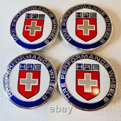 4pc OEM HRE Red White Blue 63mm Center Caps XC635HRE-2PC and 4 Chrome Valve Caps