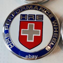 4pc OEM HRE Red White Blue 63mm Center Caps XC635HRE-2PC and 4 Chrome Valve Caps