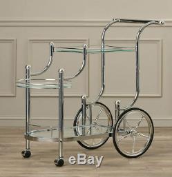 Bar Cart Chrome Glass Rustic White Wheels Spokes 3 Tiers Handle Beverage Serving