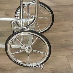 Bar Cart Chrome Glass Rustic White Wheels Spokes 3 Tiers Handle Beverage Serving