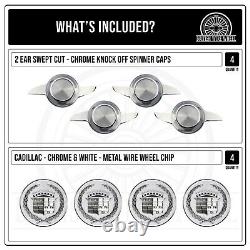 Cadillac Chrome & White Metal Wheel Chip Emblems with KO Spinner Caps, Set of 4