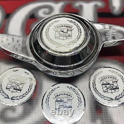 Cadillac White on Chrome Lowrider Wire Wheel Metal Chips Emblems Size 2.25 Qty 4