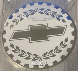 Chevrolet Wire Wheel Chips Emblems Thin Metal Size 2.5 White & Chrome Set Of 4