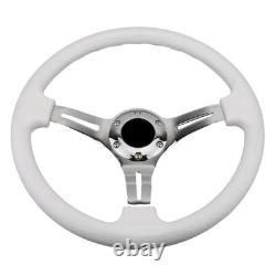 Classic White Car Racing Steering Wheel Chrome 350mm, with silver Spoke