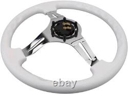 Classic White Car Racing Steering Wheel Chrome Silver White with silver Spoke