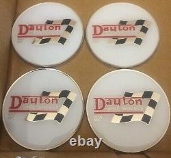 Dayton Wire Wheels Set Of 4 White & Chrome Metal Flag Emblems Size 2.38