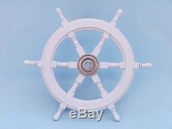 Deluxe Class White Wood and Chrome Ship Decorative Steering Wheel 24