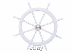 Deluxe Class White Wood and Chrome Ship Decorative Steering Wheel 48
