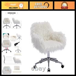 Fluffy White Faux Fur Swivel Desk Chair with Wheels Comfy Accent Chair for Hom