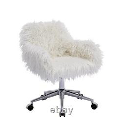 Fluffy White Faux Fur Swivel Desk Chair with Wheels Comfy Accent Chair for Hom