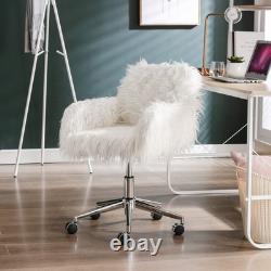 Fluffy White Faux Fur Swivel Desk Chair with Wheels Comfy Accent Chair for Hom