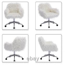 Fluffy White Faux Fur Swivel Desk Chair with Wheels Comfy Accent Chair for Hom