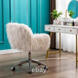 Fluffy White Faux Fur Swivel Desk Chair with Wheels Comfy Accent Chair for Hom