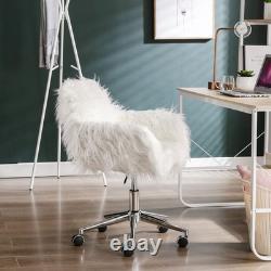 Fluffy White Faux Fur Swivel Desk Chair with Wheels Comfy Accent Chair for Hom