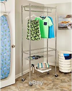 Hanging Bar Rolling Laundry Station Basket Chrome Organize Hang Folded Sturdy