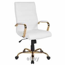 High Back White LeatherSoft Executive Swivel Office Chair with Gold Frame and