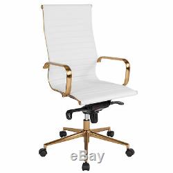 High Back White Ribbed LeatherSoft Executive Swivel Office Chair with Gold Fr
