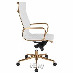 High Back White Ribbed LeatherSoft Executive Swivel Office Chair with Gold Fr