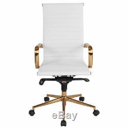 High Back White Ribbed LeatherSoft Executive Swivel Office Chair with Gold Fr