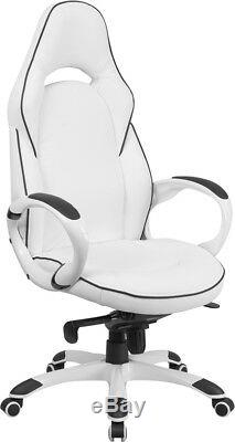 High Back White Vinyl/Black Trim Executive Swivel Office Chair with Arms