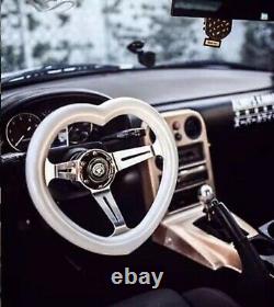 JDM White Heart Shaped Steering Wheel, ABS Grip, White, Steel, Chrome, 3-Spoke