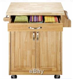 Kitchen Cart On Wheels Island Natural Solid Wood Top Utility Cabinet Spice Rack