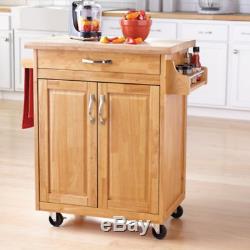 Kitchen Cart On Wheels Island Natural Solid Wood Top Utility Cabinet Spice Rack
