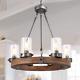LNC Farmhouse Chandelier Wood round Wagon Wheel 6-Light Fixture with Seeded Glas