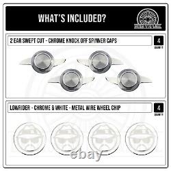 Lowrider Chrome & White Metal Wheel Chip Emblems with KO Spinner Caps, Set of 4